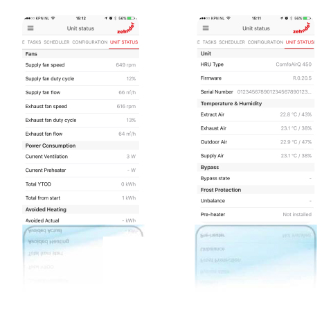 Comfo Connect Status screens on iPhone